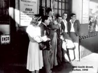 The SMD Gang waiting for Horace to open the doors -----  Maggie (Lillias Margaret Woodhead) nee Wilson; Norman Deurance; Mac; Harold Utterson; Ken Clayton; ??;--1948